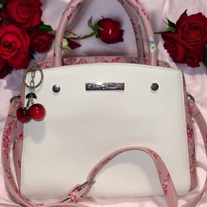 Betsey Johnson White and Pink Floral Satchel with Cherry Charm